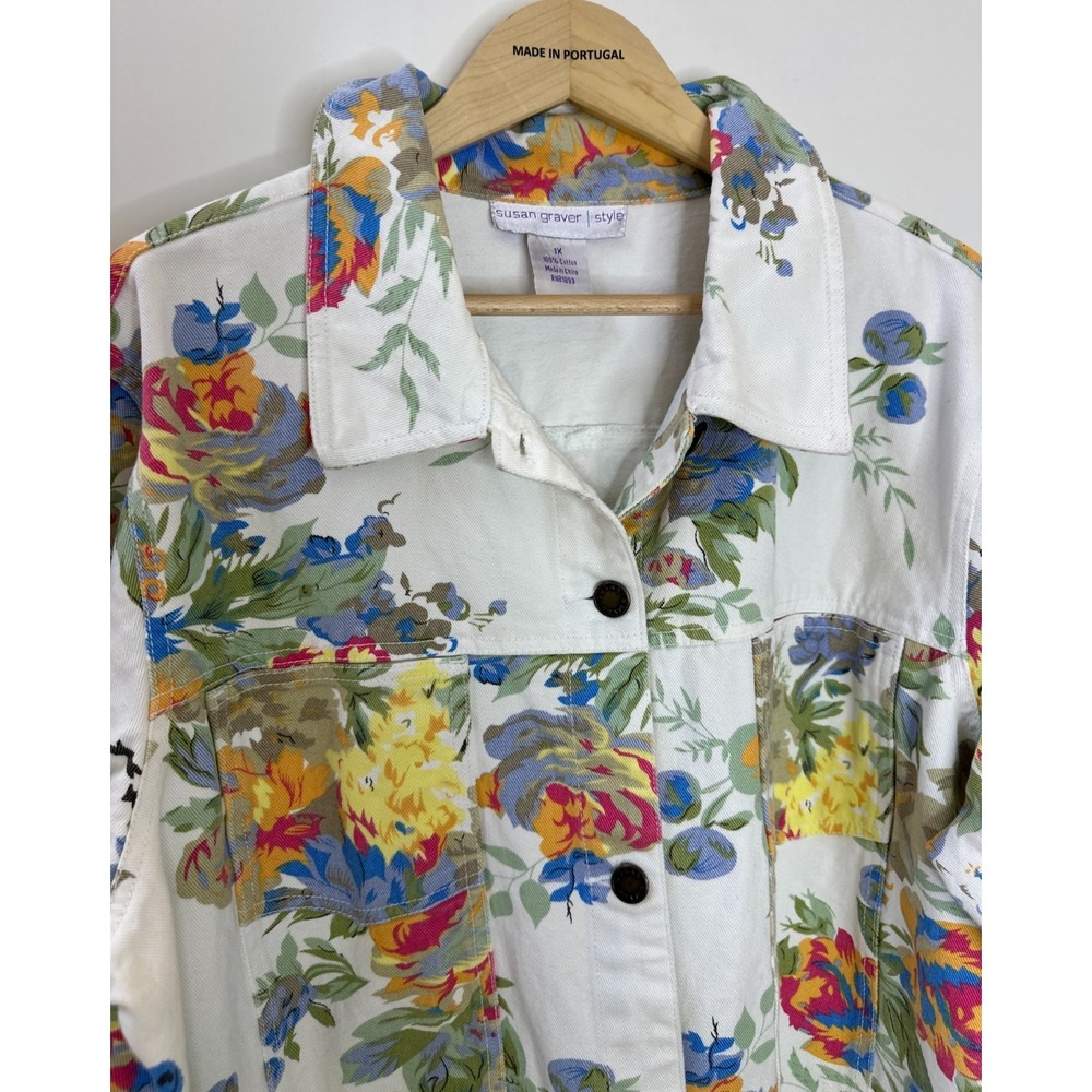 Susan Graver Floral Denim Trucker Jacket White Cotton Button Front Plus Size 1X - Picture 7 of 11